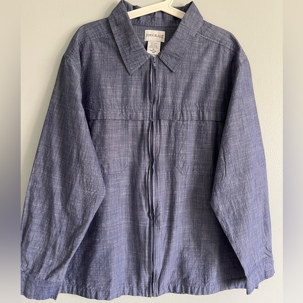 John Blair Blue Denim Full Zipper Long Sleeve Shirt Front Pockets Size XL Cotton